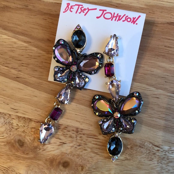 Betsey Johnson Hematite & Gold Tone Mismatch Crystal Butterfly Drop Earrings NWT - Picture 6 of 16